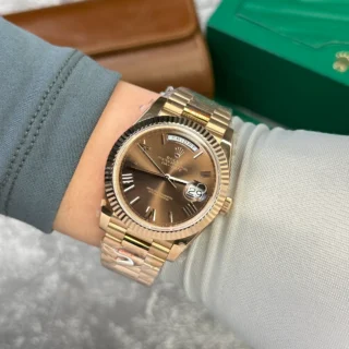Day-Date Chocolate Dial Fluted Bezel Rose Gold Presidential Bracelet