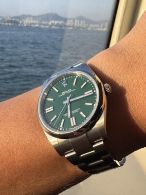 Green Dial Oyster Perpetual on wrist