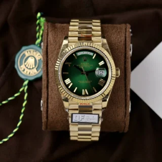 Day-Date Green Ombre Dial Fluted Bezel Yellow Presidential Bracelet