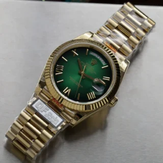 Day-Date Green Ombre Dial Fluted Bezel Yellow Presidential Bracelet
