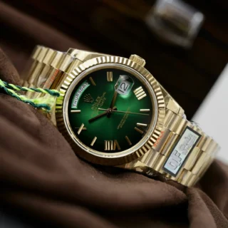 Day-Date Green Ombre Dial Fluted Bezel Yellow Presidential Bracelet