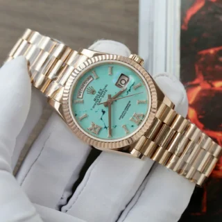 Day-Date Turquoise Diamond Dial Fluted Rose Presidential Bracelet