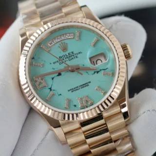 Day-Date Turquoise Diamond Dial Fluted Rose Presidential Bracelet