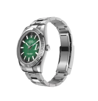 Datejust 41 Green Ombré Dial (2026) — Rolesor (Oystersteel and white gold), green ombré dial — angled view with open clasp and bracelet
