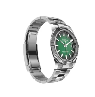 Datejust 41 Green Ombré Dial (2026) — Rolesor (Oystersteel and white gold), green ombré dial — angled view highlighting bezel and dial