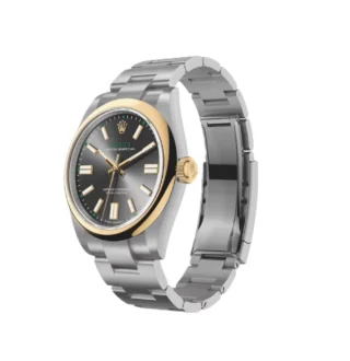 Oyster Perpetual “100 Years” (2026) — Rolesor (Oystersteel and yellow gold), slate grey dial — angled view with open clasp and bracelet