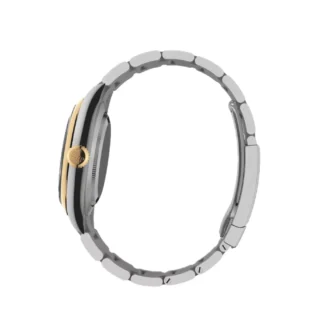Oyster Perpetual “100 Years” (2026) — Rolesor (Oystersteel and yellow gold), slate grey dial — side profile showing case thickness and crown