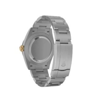 Oyster Perpetual “100 Years” (2026) — Rolesor (Oystersteel and yellow gold), slate grey dial — caseback view with bracelet and clasp
