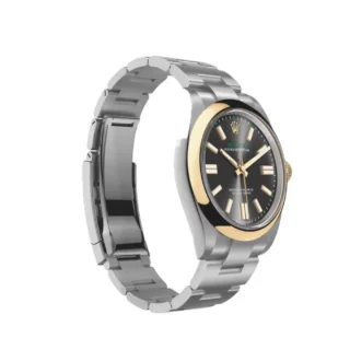 Oyster Perpetual “100 Years” (2026) — Rolesor (Oystersteel and yellow gold), slate grey dial — angled view highlighting bezel and dial