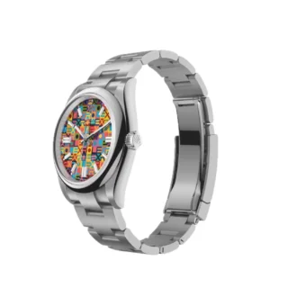 Oyster Perpetual Jubilee Motif 36mm (2026) — Oystersteel, colourful motif dial — angled view with open clasp and bracelet