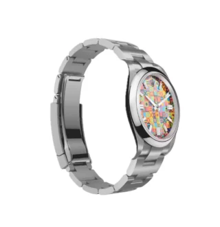 Oyster Perpetual Jubilee Motif 36mm (2026) — Oystersteel, colourful motif dial — angled view highlighting bezel and dial