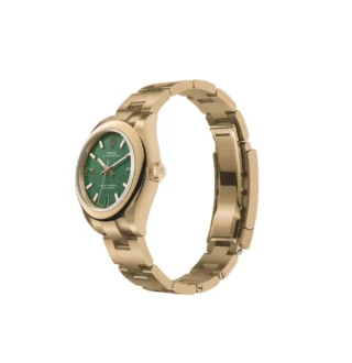 Oyster Perpetual Solid Gold 28mm Yellow Gold (2026) — 18k yellow gold, green dial with natural stone markers — angled view with open clasp and bracelet