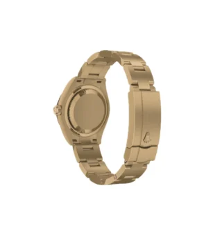 Oyster Perpetual Solid Gold 28mm Yellow Gold (2026) — 18k yellow gold, green dial with natural stone markers — caseback view with bracelet and clasp