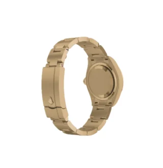 Oyster Perpetual Solid Gold 28mm Yellow Gold (2026) — 18k yellow gold, green dial with natural stone markers — rear angled view of caseback and bracelet