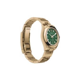 Oyster Perpetual Solid Gold 28mm Yellow Gold (2026) — 18k yellow gold, green dial with natural stone markers — angled view highlighting bezel and dial