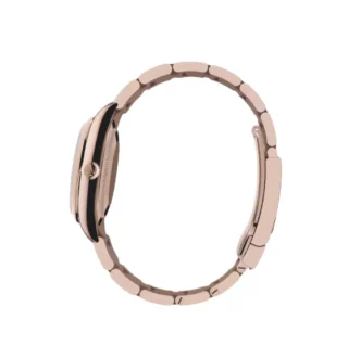 Oyster Perpetual Solid Gold 34mm Everose Gold (2026) — 18k Everose gold, blue dial with natural stone markers — side profile showing case thickness and…