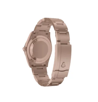 Oyster Perpetual Solid Gold 34mm Everose Gold (2026) — 18k Everose gold, blue dial with natural stone markers — caseback view with bracelet and clasp