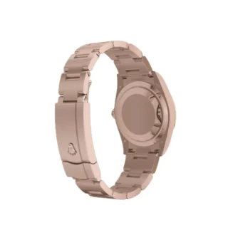 Oyster Perpetual Solid Gold 34mm Everose Gold (2026) — 18k Everose gold, blue dial with natural stone markers — rear angled view of caseback and bracelet