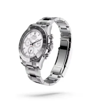 Cosmograph Daytona Rolesium Enamel Dial (2026) — Rolesium (Oystersteel and platinum), white enamel dial — angled view with open clasp and bracelet