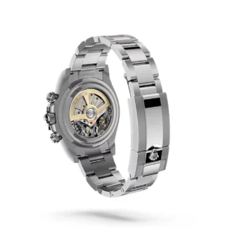 Cosmograph Daytona Rolesium Enamel Dial (2026) — Rolesium (Oystersteel and platinum), white enamel dial — caseback view with bracelet and clasp