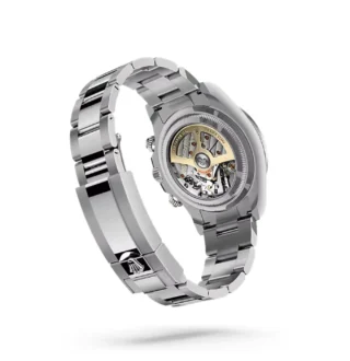 Cosmograph Daytona Rolesium Enamel Dial (2026) — Rolesium (Oystersteel and platinum), white enamel dial — rear angled view of caseback and bracelet