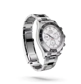Cosmograph Daytona Rolesium Enamel Dial (2026) — Rolesium (Oystersteel and platinum), white enamel dial — angled view highlighting bezel and dial