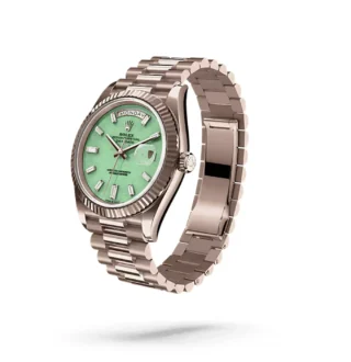 Day‑Date 40 Jubilee Gold Aventurine Dial (2026) — Jubilee Gold, light green aventurine stone dial — angled view with open clasp and bracelet