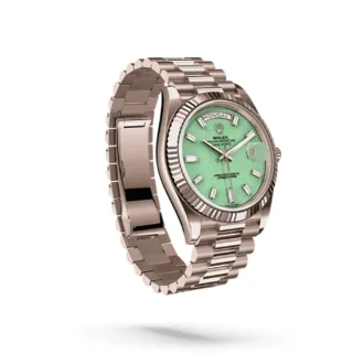 Day‑Date 40 Jubilee Gold Aventurine Dial (2026) — Jubilee Gold, light green aventurine stone dial — angled view highlighting bezel and dial