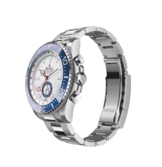 Yacht‑Master II Oystersteel 44mm (2026 Refresh) — Oystersteel, matte white dial with blue Cerachrom bezel — angled view with open clasp and bracelet