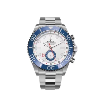 Yacht‑Master II Oystersteel 44mm (2026 Refresh) — Oystersteel, matte white dial with blue Cerachrom bezel — front view of the dial
