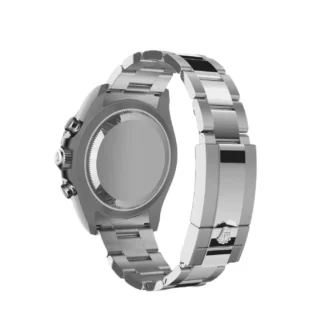 Yacht‑Master II Oystersteel 44mm (2026 Refresh) — Oystersteel, matte white dial with blue Cerachrom bezel — caseback view with bracelet and clasp