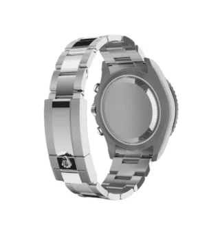 Yacht‑Master II Oystersteel 44mm (2026 Refresh) — Oystersteel, matte white dial with blue Cerachrom bezel — rear angled view of caseback and bracelet