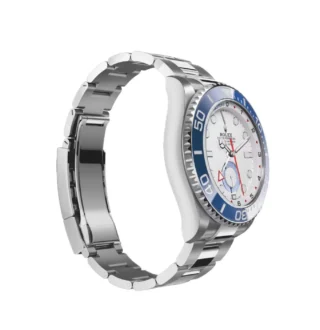 Yacht‑Master II Oystersteel 44mm (2026 Refresh) — Oystersteel, matte white dial with blue Cerachrom bezel — angled view highlighting bezel and dial