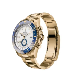 Yacht‑Master II Yellow Gold 44mm (2026 Refresh) — 18k yellow gold, matte white dial with blue Cerachrom bezel — angled view with open clasp and bracelet