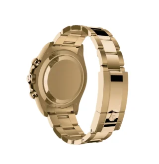 Yacht‑Master II Yellow Gold 44mm (2026 Refresh) — 18k yellow gold, matte white dial with blue Cerachrom bezel — caseback view with bracelet and clasp