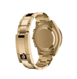 Yacht‑Master II Yellow Gold 44mm (2026 Refresh) — 18k yellow gold, matte white dial with blue Cerachrom bezel — rear angled view of caseback and bracelet