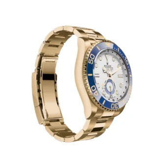 Yacht‑Master II Yellow Gold 44mm (2026 Refresh) — 18k yellow gold, matte white dial with blue Cerachrom bezel — angled view highlighting bezel and dial