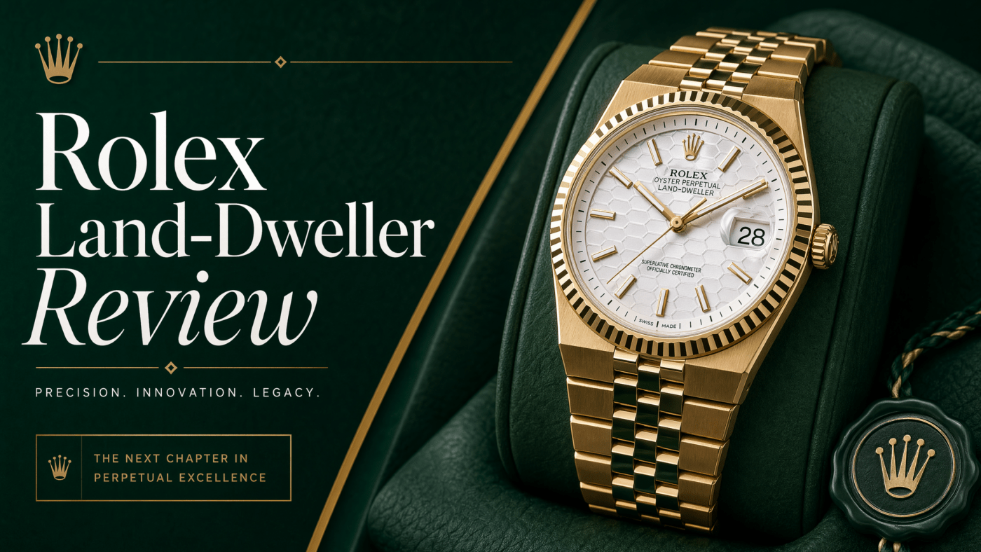 Land-Dweller review featured image showing the watch with gold and green brand palette