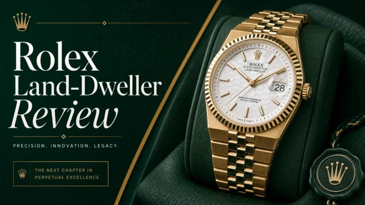 Land-Dweller review featured image showing the watch with gold and green brand palette