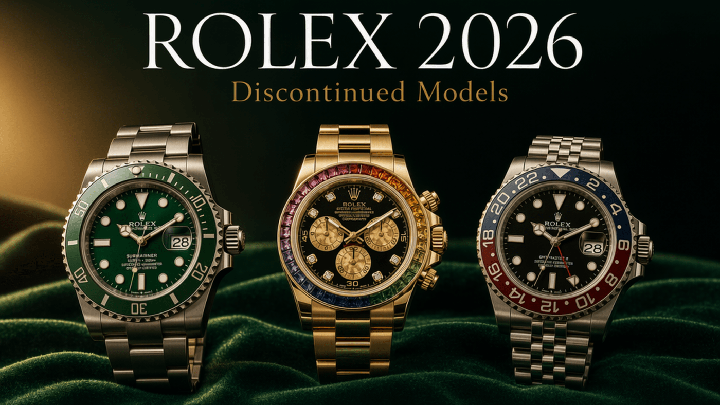Discontinued models 2026 — Submariner Hulk, Daytona Rainbow, GMT-Master II Pepsi on dark velvet with gold lighting