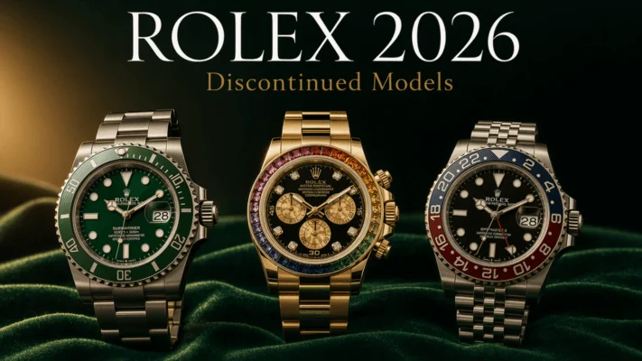 Discontinued models 2026 — Submariner Hulk, Daytona Rainbow, GMT-Master II Pepsi on dark velvet with gold lighting