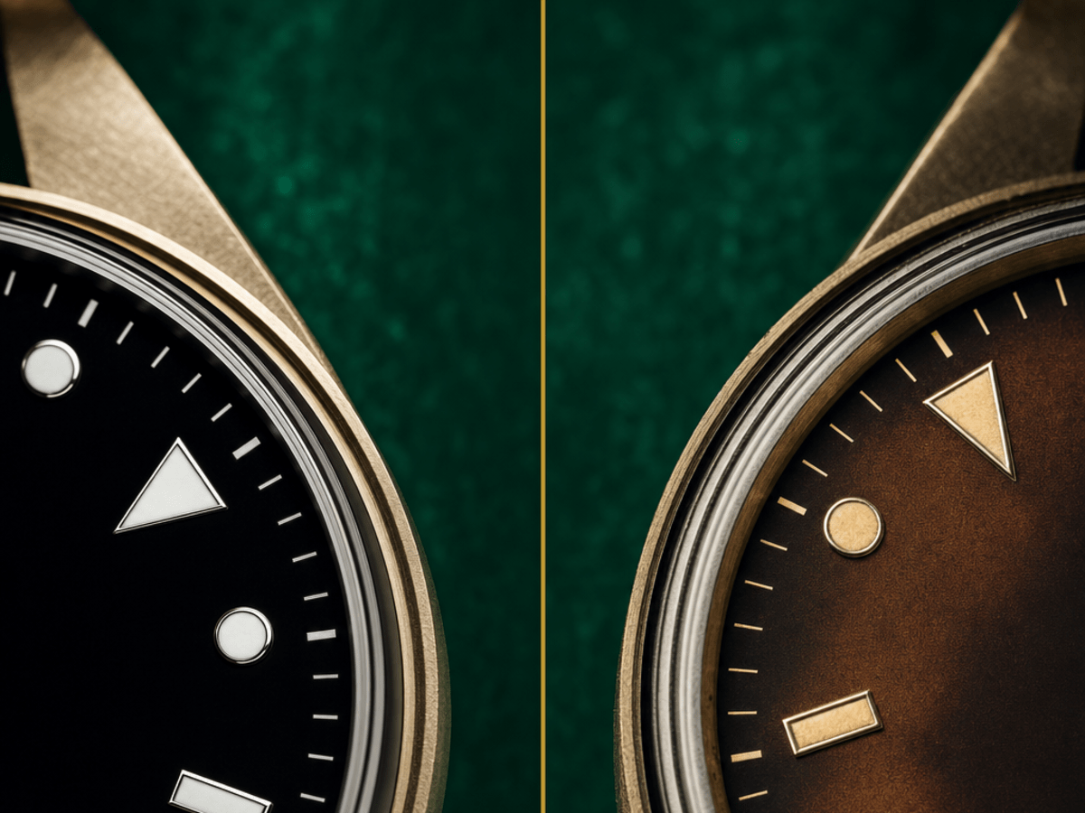 Macro close-up of a luxury watch dial showing subtle factory imperfections — misaligned chapter ring text, lume bloom on a marker, and faint ink smudge near a subdial. Warm tropical-brown patina tones contrast with deep black sections, evoking the coveted aging that collectors prize. Editorial luxury mood with gold and deep green accents.