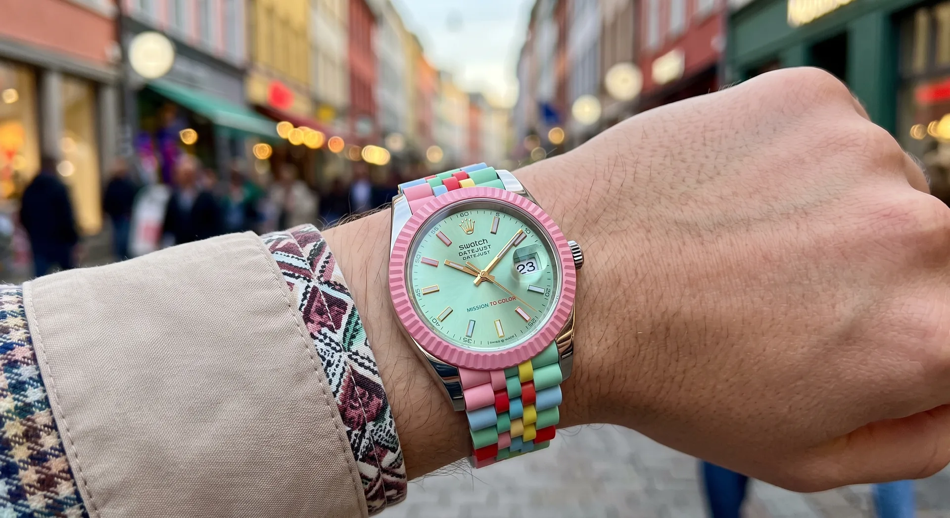 DateJust Pop concept watch - candy-color fluted bezel in bioceramic, Swatch Rolex collaboration render
