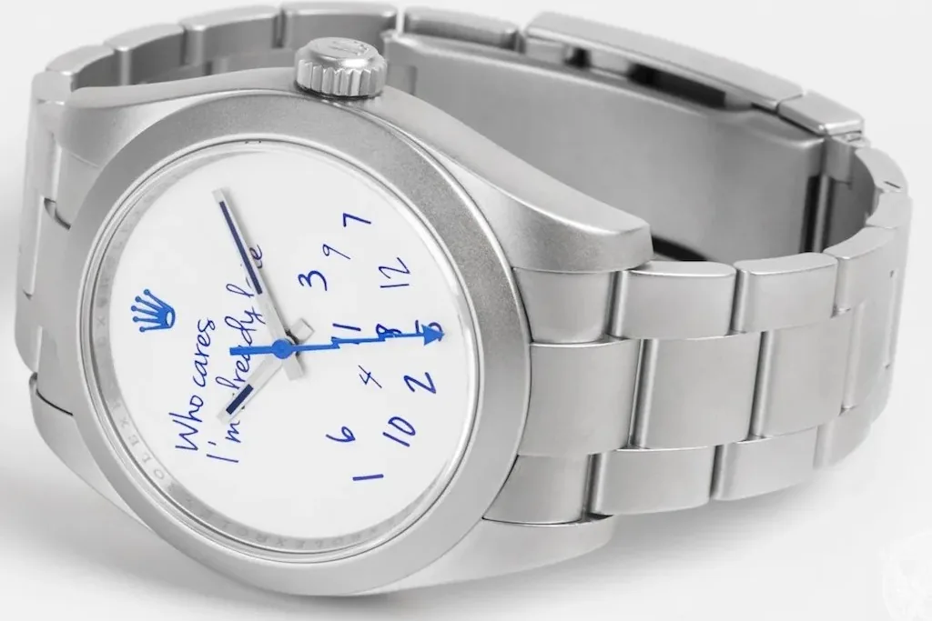 Who Cares I'm Already Late dial closeup - white dial blue script custom Rolex Datejust