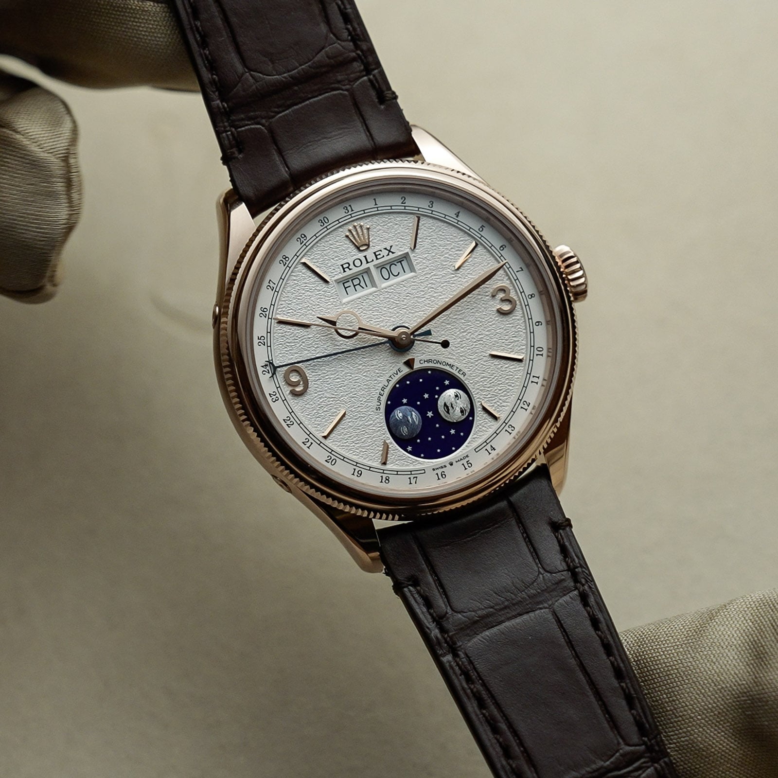 Padellone dial closeup day date month apertures moonphase