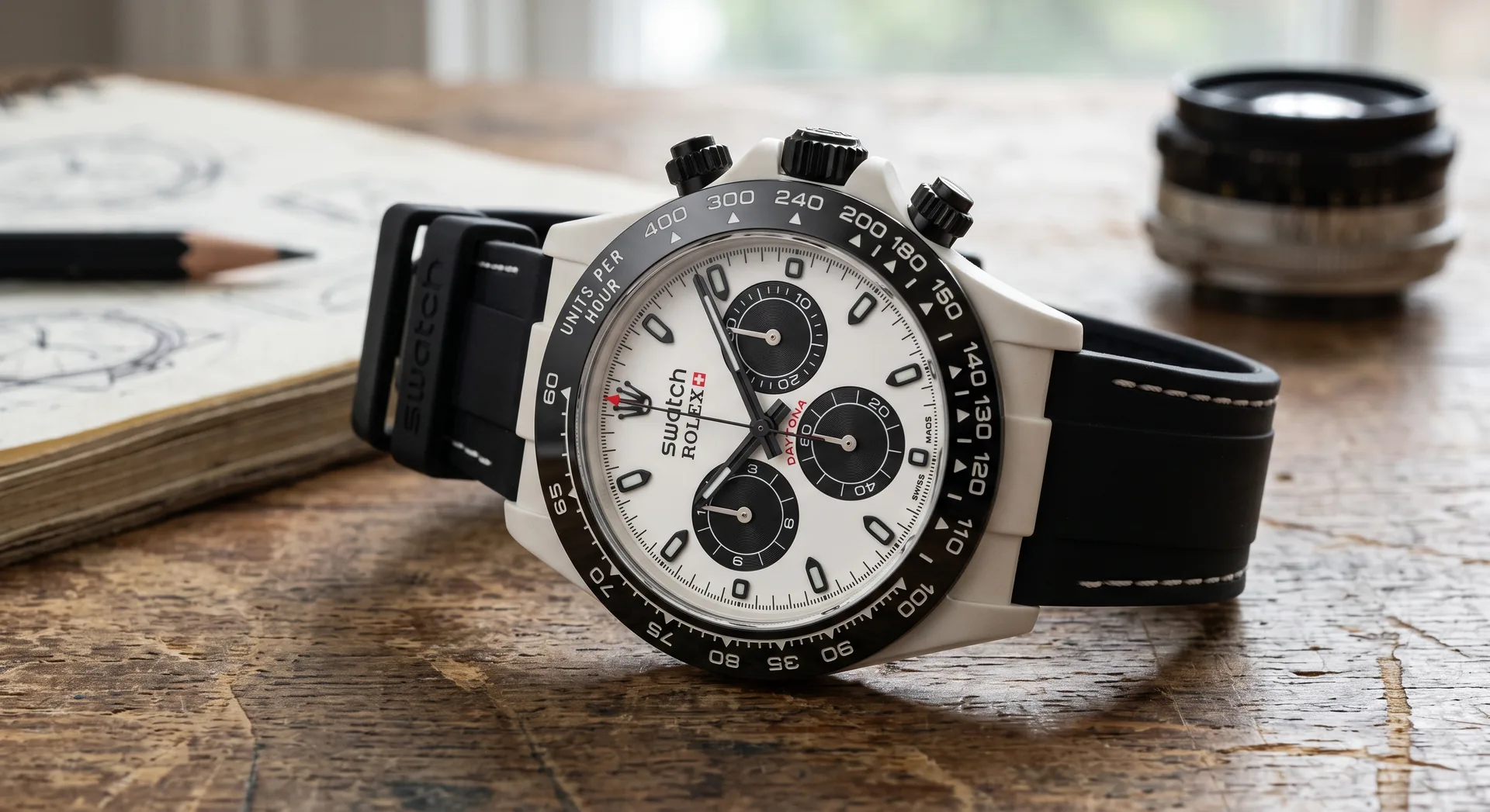 Panda Swatch concept watch - white dial black subdials Daytona in bioceramic, Swatch Rolex collaboration concept