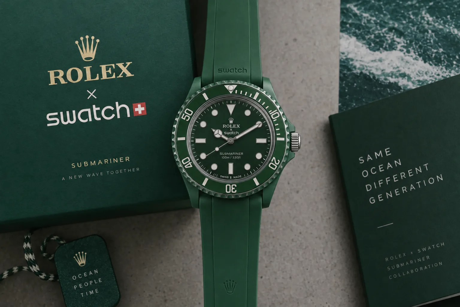 Hulk Swatch concept watch - green dial Submariner in bioceramic with rubber strap, Swatch Rolex collaboration concept