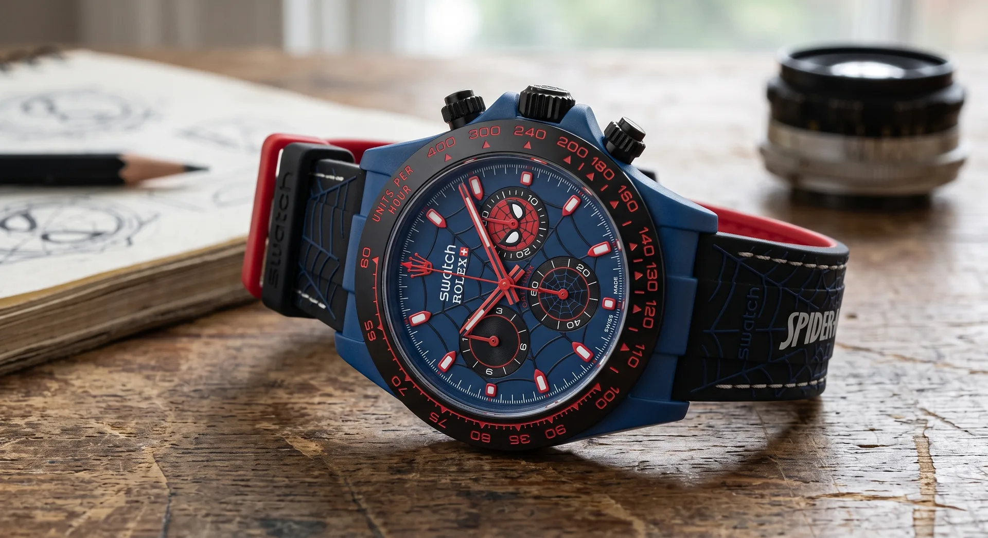 Spiderman Submariner Swatch concept watch - red and blue dial dive watch for younger audience, Swatch Rolex collaboration concept