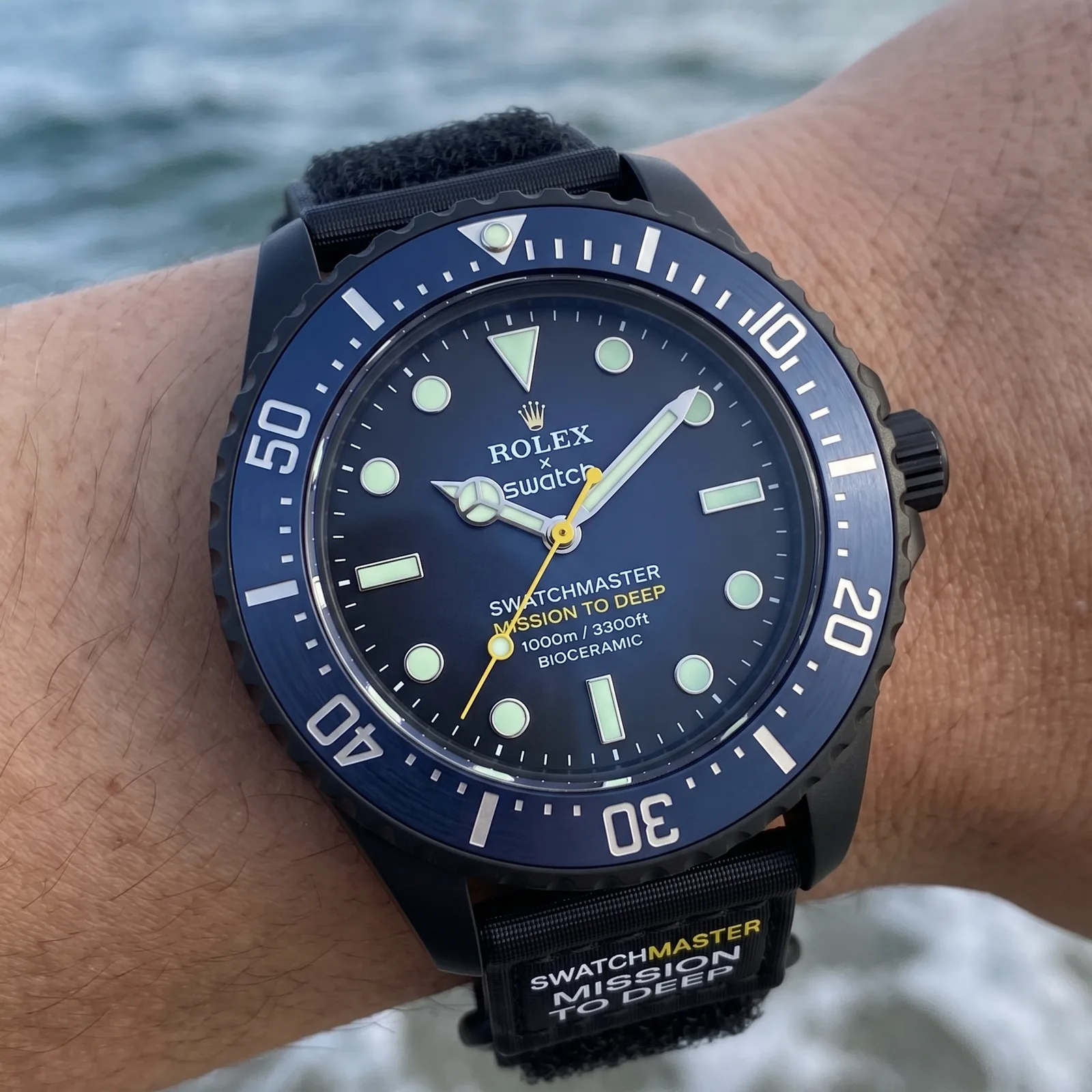 SwatchMaster concept watch - black bioceramic Submariner with blue bezel and rubber strap, Swatch Rolex collaboration